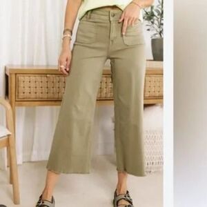 Mica High-Rise Patch Pocket Crop Wide Leg Olive Green Raw Hem 32